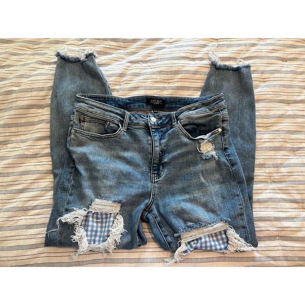 Judy Blue Denim - Distressed Gingham Patchwork High-Rise Skinny Jeans Size 14 - Picture 9 of 12